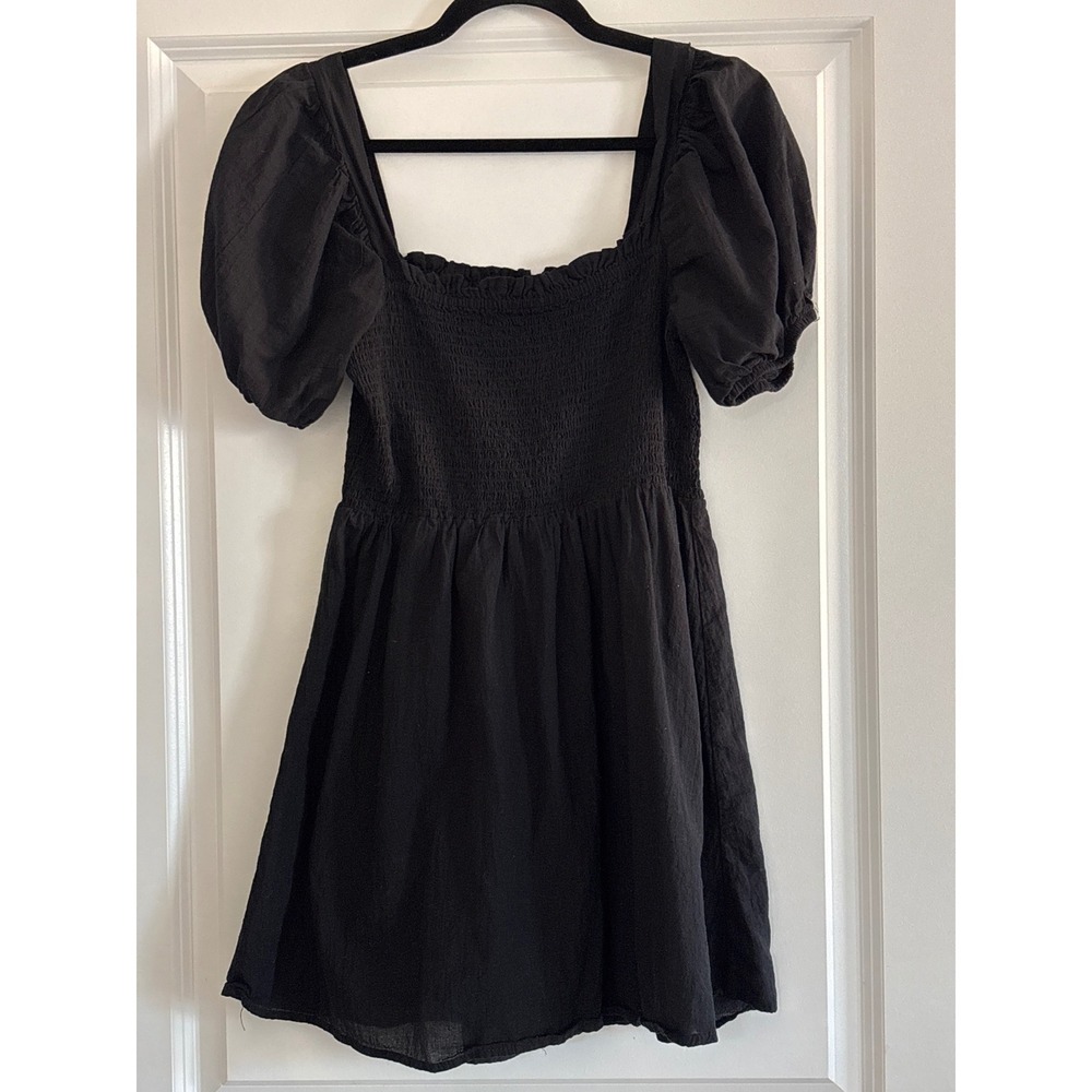 Cotton On Black Square Neck Smocked Puff Sleeve Mini Dress Cottagecore Medium - Picture 1 of 4